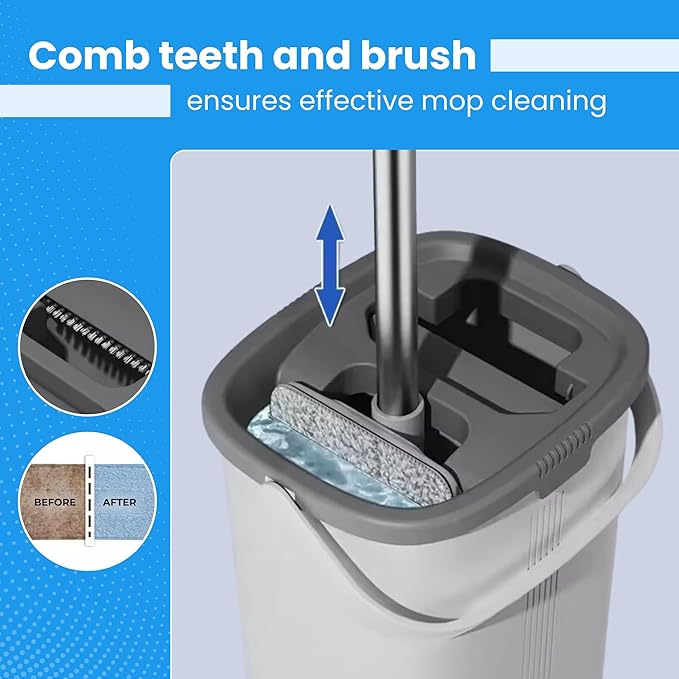 WonderMop and Bucket Set - 6L Bucket Capacity, 54-Inch Pole - Flat Mop and Bucket System - Microfiber Mop & Bucket Floor Cleaning System - Separate Dirty and Clean Water Compartments