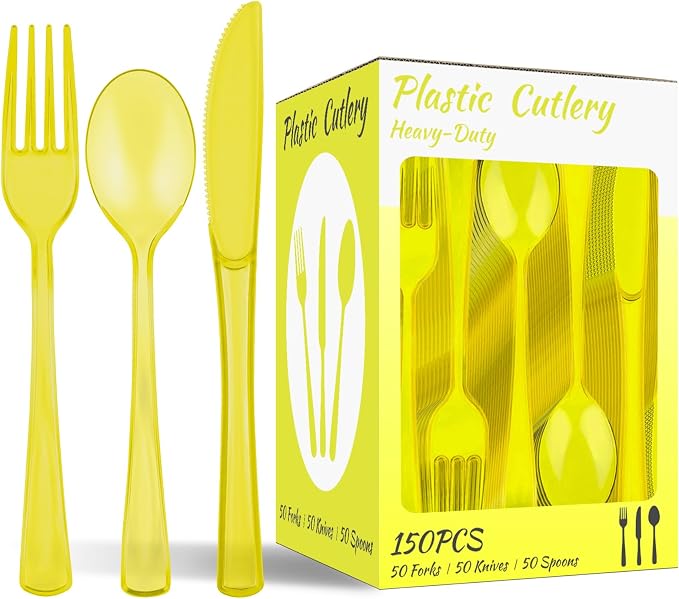 150 PCS Plastic Silverware Disposable Silverware Heavy Duty Utensil Sets 50 Of Each Forks Knives & Spoons Disposable Cutlery Set For Easter,Birthday,Baby Shower,Garden Party,Wedding(150,Yellow)
