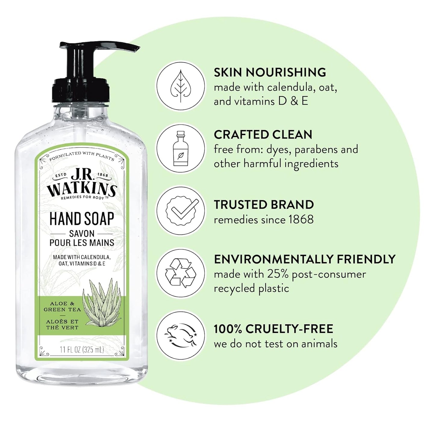 J.R. Watkins Gel Hand Soap, Scented Liquid Hand Wash for Bathroom or?Kitchen, USA Made and Cruelty Free, 11 fl oz, Aloe & Green Tea