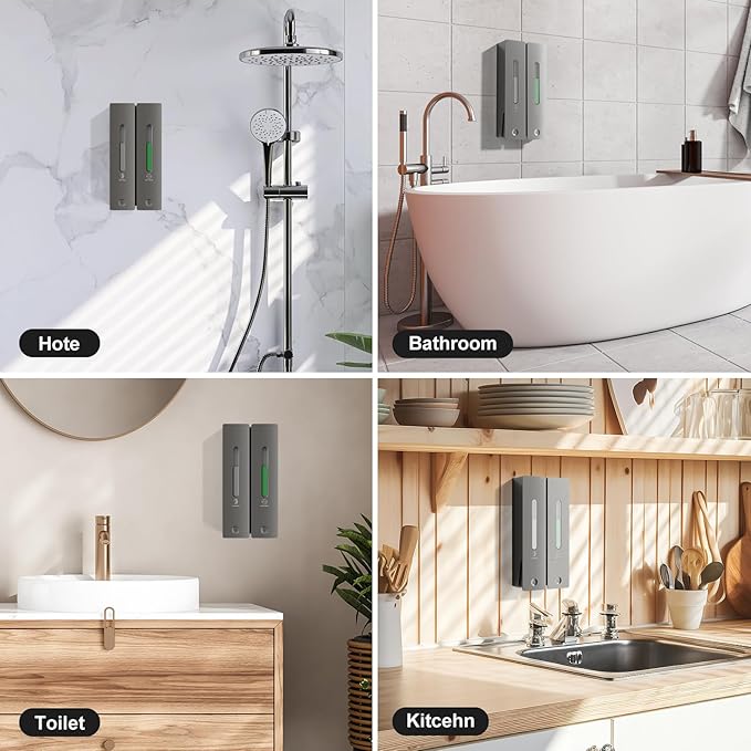 Shampoo and Conditioner Dispenser 2-Chamber Wall-Mounted Shower Soap Dispenser, No-Drill Installation, 800ML Capacity, Ideal for Bathrooms and Hotels (Gun Grey)