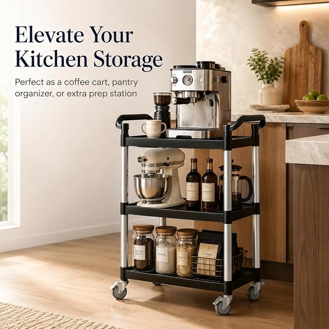 3-Tier Rolling Utility Cart with 2 Locking Brakes, 520 Lbs Heavy Duty 31.5"x15.7"x40.6" Commercial Service Cart, Tangle-Free Silent Wheels for Home, Office, Restaurant, Warehouse, Kitchen
