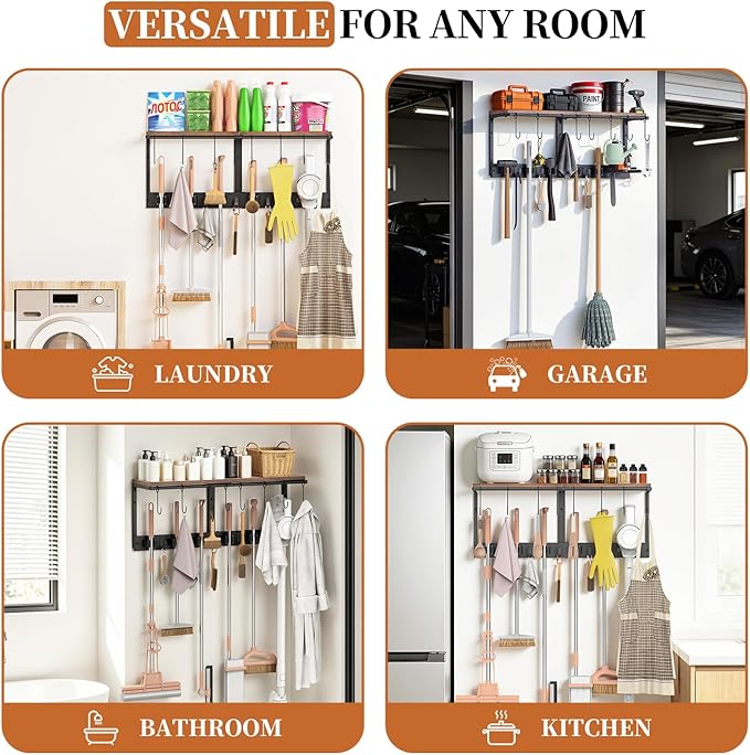 Wall Mounted Broom Holder & Utility Rack | Heavy-Duty Tool Organizer for Garage, Laundry Room & Kitchen | Space-Saving Storage with Shelf for Cleaning Supplies, Vacuums & Tools