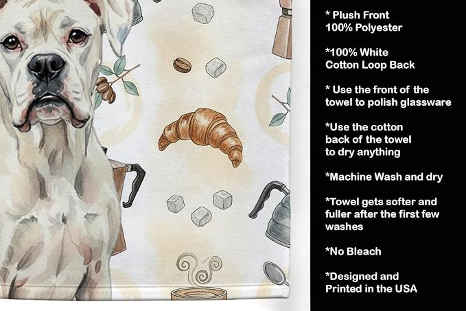 Caroline's Treasures White Boxer Coffee Bar Kitchen Towel Velour Plush Front and Cotton Loop Back Machine Washable