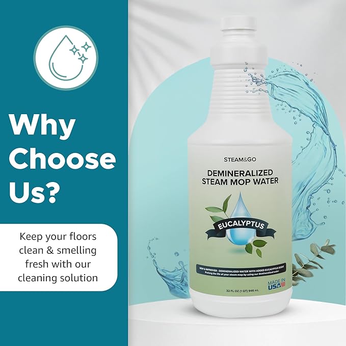 Steam & Go - Demineralized Water for Steam Cleaner, PVC-Free Floor Cleaner Liquid Compatible with Any Steam Mop, Ready-to-Use Multisurface Cleaner, Scented Mop Solution, Eucalyptus Mint, 32 oz