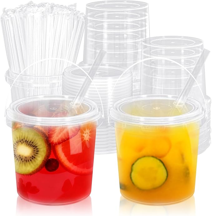 JarThenaAMCS 50Pcs Clear Plastic Cups with Lids & Straws 24 Oz Drink Bucket with Handle Disposable Cocktail Pails for Beach Pool Birthday Baby Shower Party Supplies