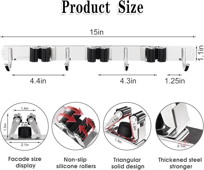 AceMining Plastic and Rubber Broom and Mop Storage Rack, Black, 5 Racks and 4 Hooks, Holds Up to 30 lbs