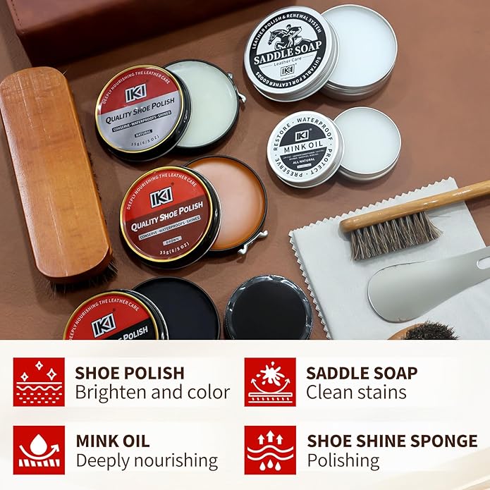 IKI Shoe Polish & Shine Kit - 12 PCS Leather Boot Care Kit with Shoe Polish, Saddle Soap, Mink Oil, Shoe Shine Sponge, Horsehair Shoe Brush, Suede Cloth, Shoe Horn & Storage Bag – Gift for Men & Women