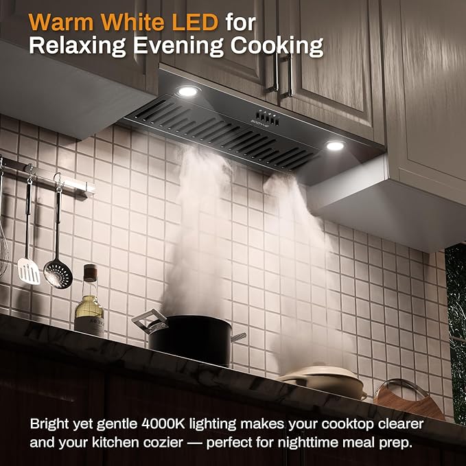 30 Inch Range Hood Insert, 600 CFM Convertible Ducted/Ductless Kitchen Hood with Matte Black Finish on Stainless Steel, 3-Speed Exhaust Fan with LED Lights, Baffle & Carbon Filters