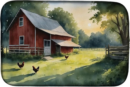 Caroline's Treasures Chicken Coop at Dawn Dish Drying Mat Absorbent Dish Drying Mat Pad for Kitchen Counter Dish Drainer Mat for Countertop, 14 x 21", Multicolor