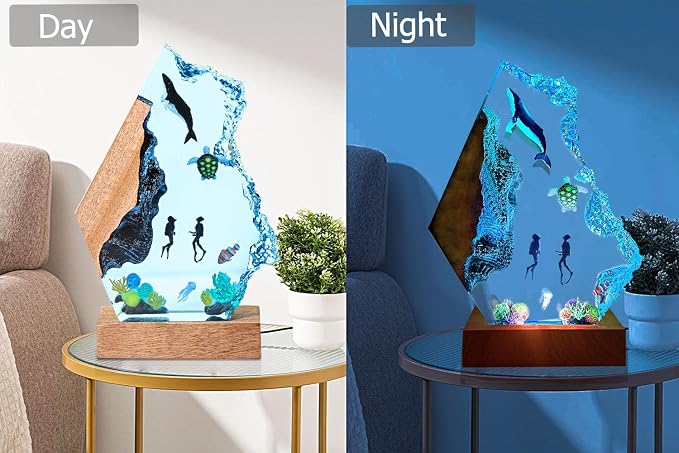 Scuba Diving Resin Night Light, USB Powered Resin Ocean Lamp with Wooden Base, Variable Lights,Whale Shark Decor for Home Office, Shark Gifts for Ocean Enthusiasts, Christmas Day,Birthday(L 12"x8")