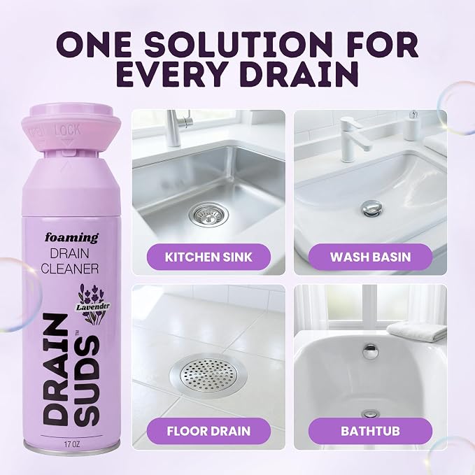SonicPower Foaming Drain Cleaner, Foam Sink Cleaner and Deodorizer, Drain Clog Remover for Kitchen Sinks, Bathrooms, Garbage Disposals, Shower Drains, Tubs, Washbasin (Lavender (1 Pack))