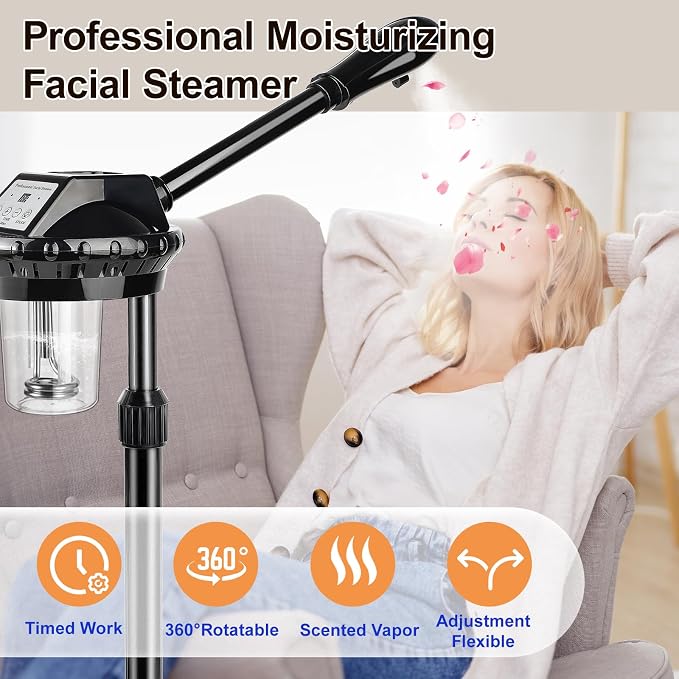 Professional Facial Steamer for Deep Hydration,Ozone Face Steamer with More Steam,Estheticians Steamer on Wheels with Time Setting,Adjustable Height Suitable for Beauty, Spa and Home Use