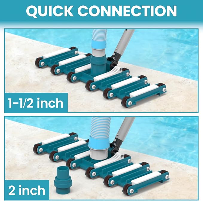 POOLWHALE 19" Heavy Duty Flexible Pool Vacuum Head with Wheels, Extra-Wide, Swivel Direction-Control Aluminum Handle for Swimming Pools - Faster Cleaning, Easier Debris Removal