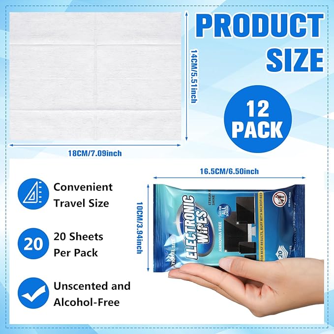 Threlaco 240 Wipes/12 Pack Electronic Cleaning Wipes, Pre-Moistened Screen Wipes for TVs, Computer, Monitor, Phones and Other Electronics, Resealable for a Freshness Lock, No Scratches, No Steaks
