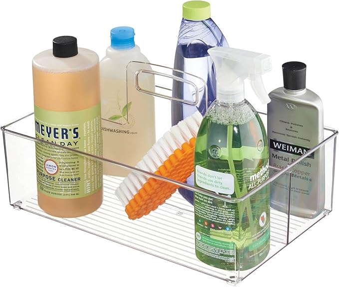 mDesign Large Plastic Divided Portable Storage Organizer Caddy Tote Basket Bin with Handle for Kitchen, Pantry, Countertop, Cabinet, Cupboard - Ligne Collection - 2 Pack - Clear