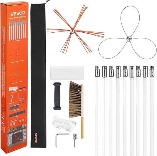 VEVOR Chimney Sweep Kit, 30 ft Maximum Extendable Length Chimney Brush, Chimney Cleaner Sweeper with Dual Brush Heads, Brush & Goggles, Fireplace Cleaning Tool for Square, Rectangle, Arch Chimneys