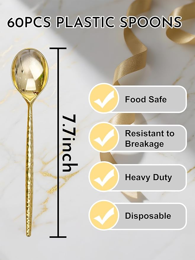U-QE 60 PCS Gold Plastic Spoons - 7.7 Inch Hammered Heavy Duty Plastic Spoons - Elegant Gold Plastic Silverware - Perfect for Parties & Weddings and Other Daily Events
