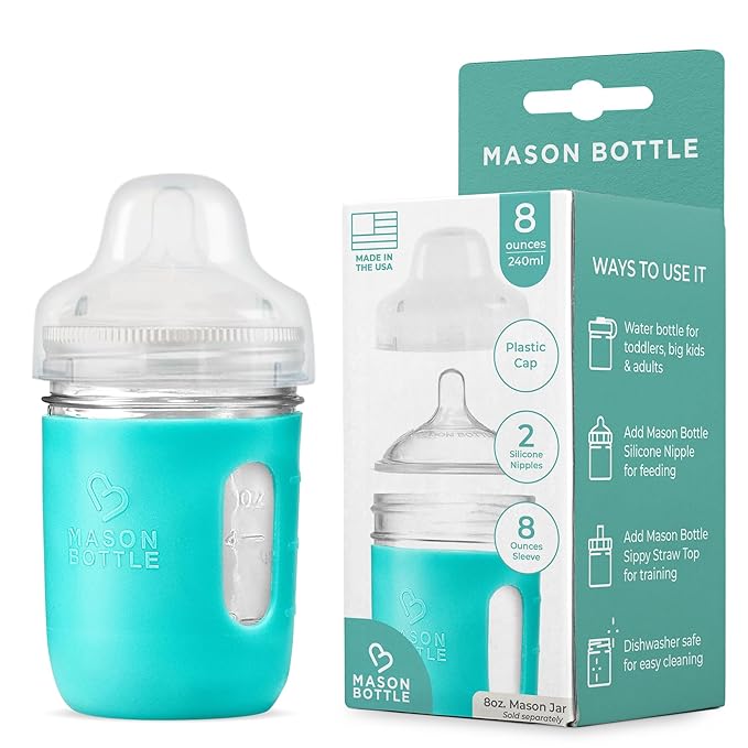 Mason Bottle Glass Baby Bottle DIY Kit – Fits 8oz Mason Jars – Includes 2X Slow Flow Nipples, Silicone Sleeve, and Cap (Ring, Lid, and Jar Not Included) – Made in USA