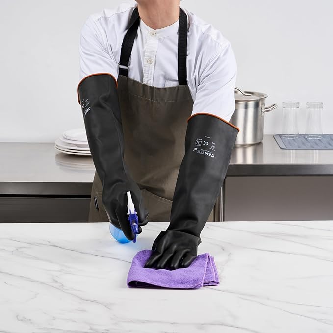 Restaurantware Heavy Duty Gloves 10 Count 21.654 x 7.283 x 0.394 Inches Chemical-Resistant Industrial Safety Gloves Black Long Rubber Gloves Acid Resistant Slip-Resistant Reusable
