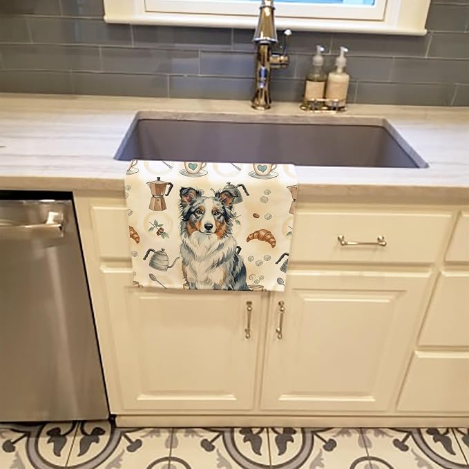 Caroline's Treasures Blue Merle Border Collie Coffee Bar Kitchen Towel Velour Plush Front and Cotton Loop Back Machine Washable