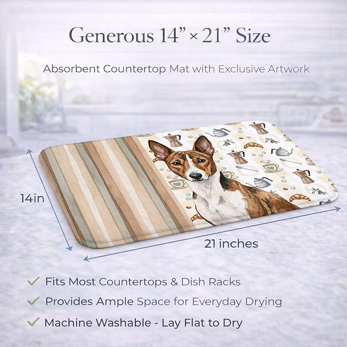 Caroline's Treasures Brindle and White Basenji Coffee Bar Dish Drying Mat Absorbent Dish Drying Mat Pad for Kitchen Counter Dish Drainer Mat for Countertop, 14 x 21", Multicolor