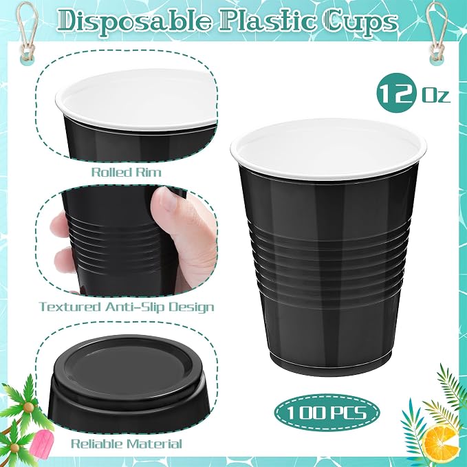Kochorie 100 Pack Black Disposable Plastic Cups 12 Ounce Drinking Party Cups Bulk Party Cups for Wedding Birthday Graduation Christmas Parties, Picnics Events