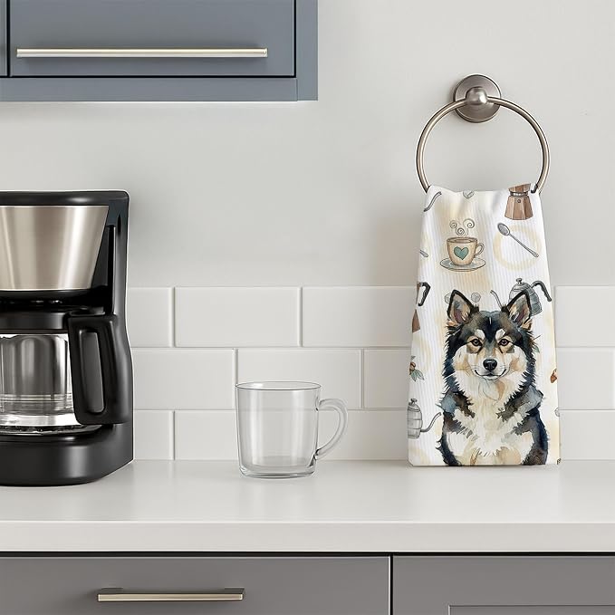 Caroline's Treasures Finnish Lapphund Coffee Bar Kitchen Towel Velour Plush Front and Cotton Loop Back Machine Washable