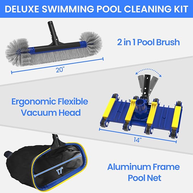 Poolvio Deluxe Swimming Pool Cleaning Kit Including Skimmer Net, 2-in-1 Pool Brush & Weighted Vacuum Head with Wheels for Above Ground & Inground Pools (No Pole)