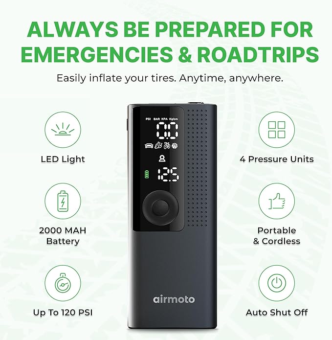 Airmoto and Power Kit Bundle Deal - 1 bundle - Tire Inflator Portable Air Compressor with Power Kit for Charging on The Road - Cordless Air Pump for Car Tires, Motorcycle, Bicycle, Balls
