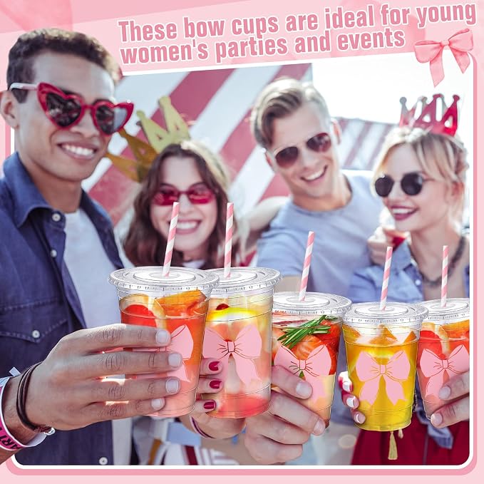 Sliner 50 Pcs 16 oz Coquette Disposable Plastic Cups with Straw for Party Supplies Bow Cups Birthday Wedding Bridal Engagement Party Drinkware Baby Shower Decoration (Pink Bow)