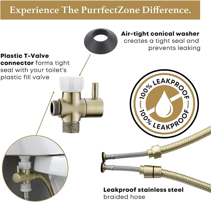 Purrfectzone Bidet Sprayer for Toilet, Handheld Bidet Sprayer Kit, Easy-to-Install Toilet Handheld Shower, Hand Held Stainless Steel Shattaf with Adjustable Flow, Cloth Diaper Set-Brushed Gold