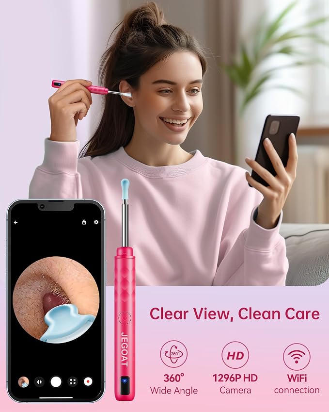 Jegoat Ear Wax Removal, Ear Wax Removal Tool Camera with 1296P HD Camera and 6 LED Lights, Ear Cleaner with 10 Ear Pick, Upgraded Ear Wax Removal Kit for iOS and Android, Pink