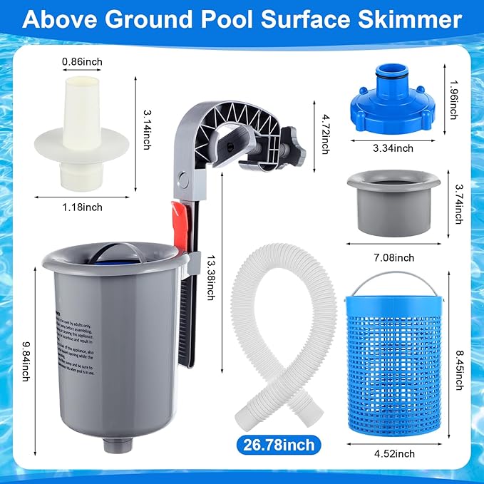 Tujoe Above Ground Pool Surface Skimmer with 5 Foot Leaf Skimmer Net and 20 Pool Filter Socks Skimmer Socks, Automatically Cleans Wall Mount Pool Surface Skimmer Pool Maintenance Accessories for Clean