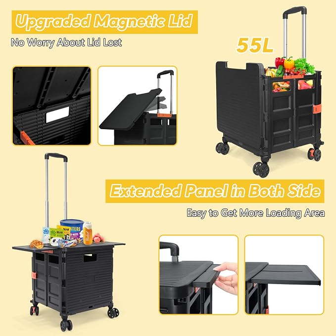FELICON SELORSS Folding Utility Cart Rolling Crate Tote Basket Box Storage Handcart on 4 Swivel Wheels with Adjustable Handle Extended Magnetic Lid for Teacher Move Shop Travel Grocery Office(Black)
