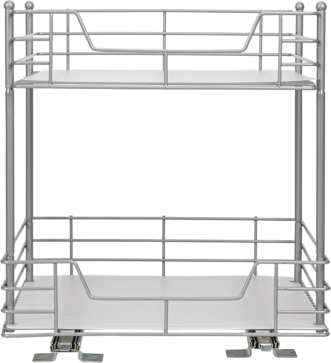 Household Essentials Glidez Steel Pull-Out/Slide-Out Storage Organizer with Plastic Liners for Under Cabinet or Wire Shelf Use - 2-Tier Design - Fits Standard Size Cabinet or Shelf, Brushed Silver