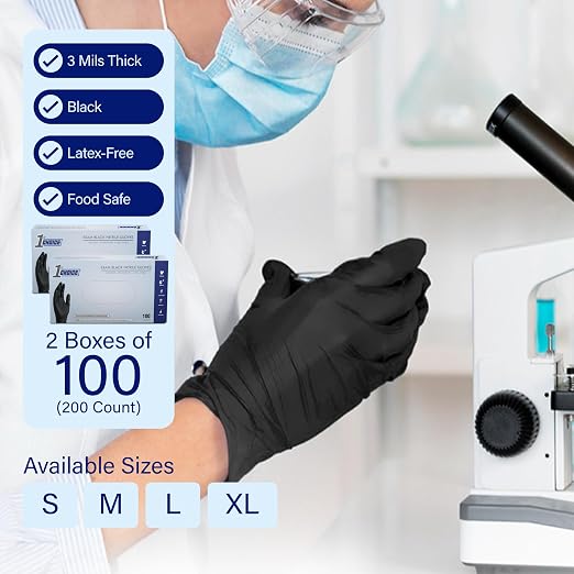 1st Choice Black Nitrile Gloves, 200 Count, Size M & L, Disposable, Latex Free, Exam Grade, Glove for Cooking - 4 mil