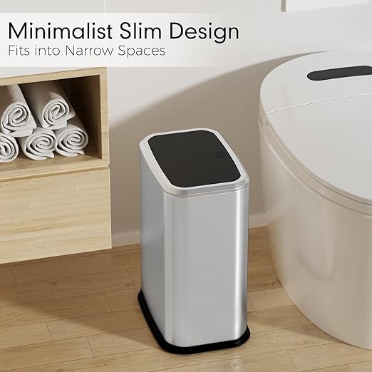 Bathroom Trash Can with Lid, 8L/2.1 Gallon Silver Trash Can Small Garbage Can with Press Top Lid Slim Stainless Steel Garbage Can with 100 Counts Trash Bags for Bathroom Bedroom Kitchen Office Toilet