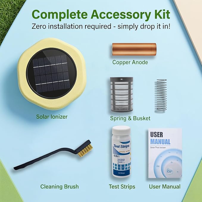 Solar Powered Floating Pool Maintenance Accessory with Replaceable Copper Anode, Durable Outdoor Pool Float for Above Ground, Inground and Saltwater Pools, Complete Accessory Kit Included