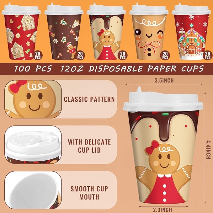 Gerrii 100 Set Christmas Paper Cups Disposable 12 oz with Lids Hot Chocolate Cups Coffee Cups Holiday Hot Cups for Hot and Cold Drinks Tea Water Bar Supplies Winter Season (Gingerbread Man Style)