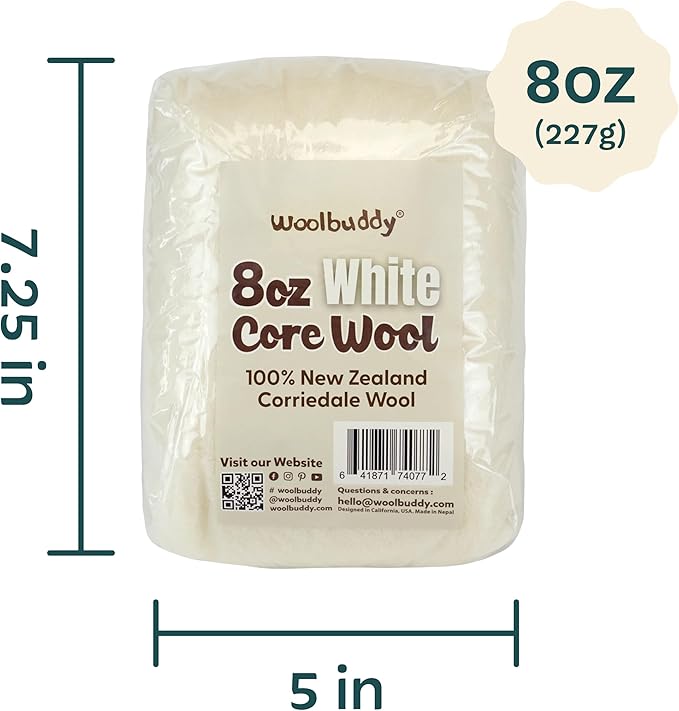 Woolbuddy Wool Felting Core Wool – Handmade Carded White for Needle & Wet Felting, Dryer Balls, Craft Pads & Chunky Yarn (8oz)