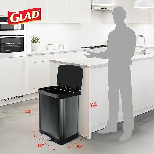Glad 13 Gallon Stainless Steel Trash Can with Clorox Odor Protection | Large Metal Kitchen Garbage Bin with Soft Close Lid, Garbage Bag Rings, Step On Foot Pedal and Waste Bag Roll Holder, Pewter