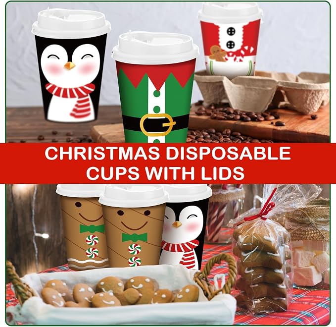 Gerrii 100 Set Christmas Paper Cups Disposable 12 oz with Lids Hot Chocolate Cups Coffee Cups Holiday Hot Cups for Hot and Cold Drinks Tea Water Bar Supplies Winter Season (Cute Style)