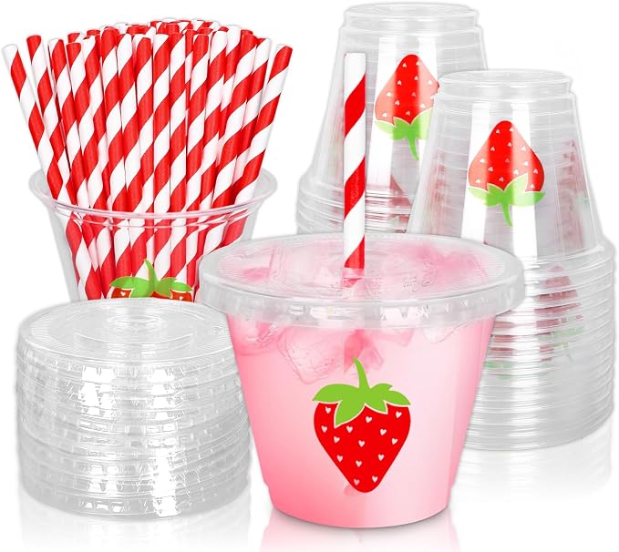 Whaline 100Pcs Strawberry Disposable Plastic Cups with Lids and Straws 9oz Party Cups Red Strawberry Cold Beverage Drinking Cups for Iced Coffee Smoothie Juice Tea