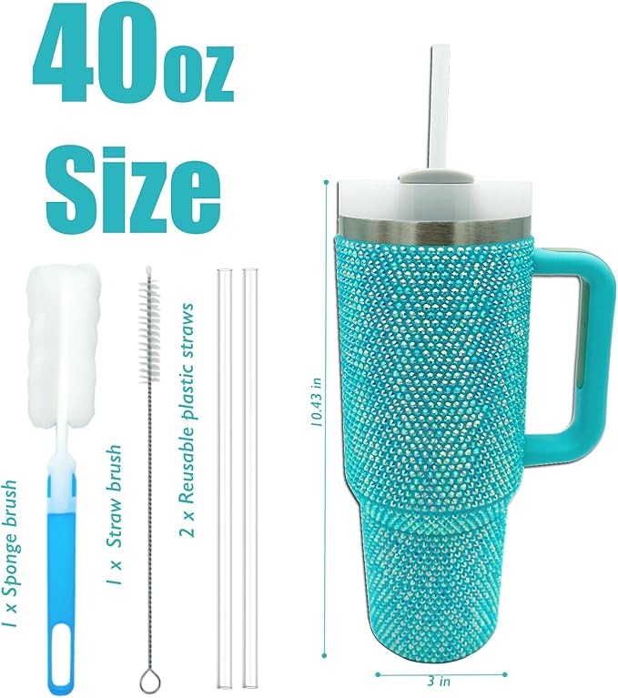 40oz Bling Tumbler with Handle and Straw Lid Rhinestone Studded Tumbler Cups Vacuum Insulated Stainless Steel Double Wall Water Bottle Travel Mug Gifts for Women Her (Blue)
