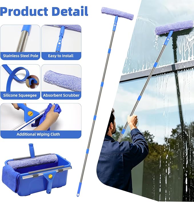 Window Cleaning Kit with 3 Gallon Bucket – 76" Long Hand Window Washing Tool Set for Home, Commercial & Car – 14" Squeegee + 15" Scrubber, Professional Grade Cleaner Equipment for High Windows