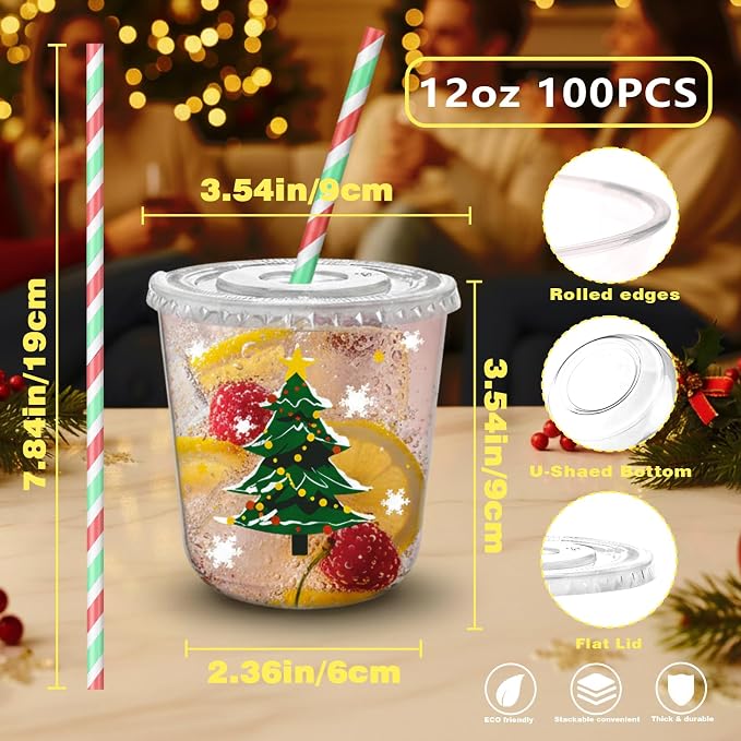 12oz Christmas Disposable Plastic Cups with Lids and Straws-Xmas Tree Santa Reindeer Snow Cold Drinks, Coffee, Beer, Drinks, Ice Cream, Drinking Cups for Party Supplies. (100)