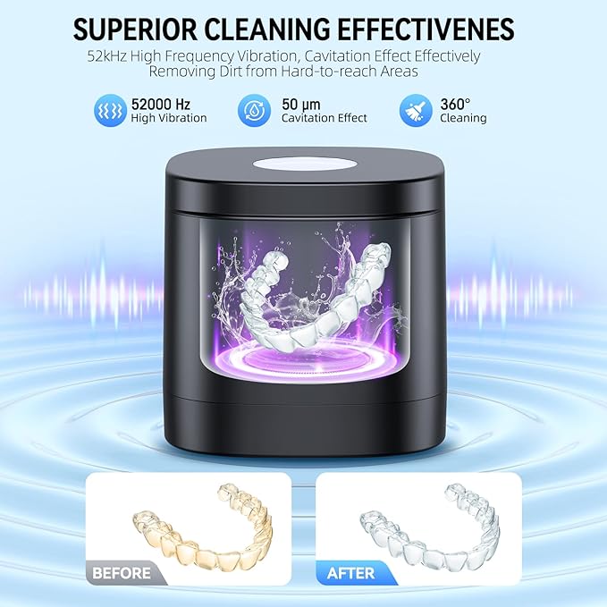 TEBAL Ultrasonic Retainer Cleaner Machine, 52kHz Ultrasonic Denture Cleaner for Mouth Guards, Braces, Toothbrush Heads, Jewelry, Dental Ultrasonic Cleaner with 250ML Capacity & Cleaning Brush, Black