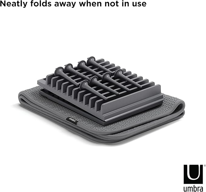 Umbra Udry Dish Rack with Movable Pegs and Microfiber Drying Mat – Space-Saving Design Folds Up for Easy Storage, Basic Rack, Dark Grey