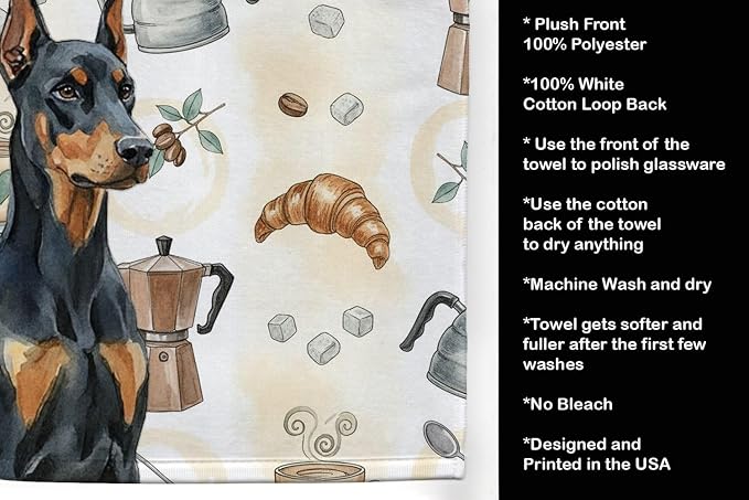 Caroline's Treasures Doberman Pinscher Coffee Bar Kitchen Towel Velour Plush Front and Cotton Loop Back Machine Washable