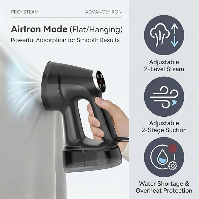 Vacuum Steamer for Clothes Handheld: 3600Pa Powerful Suction,Portable Travel Garment Steamer,400ml WaterTank, LED Display,15s Heat-Up,2-in-1 Steaming & Ironing,No Leak&Stable Steam(for 110-120V)